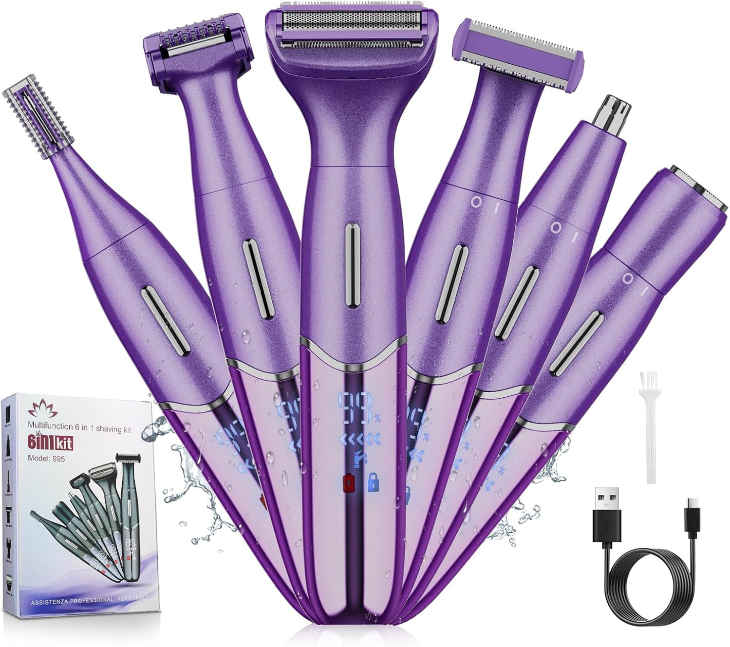 Electric Razor for Women,6 in 1 Women's Bikini Trimmer Shaver for Women & Men Pubic Hair, Private Area, Legs, Eyebrow,Face, Nose, Eyebrow, Body Hair Removal IPX5 Waterproof Wet & Dry