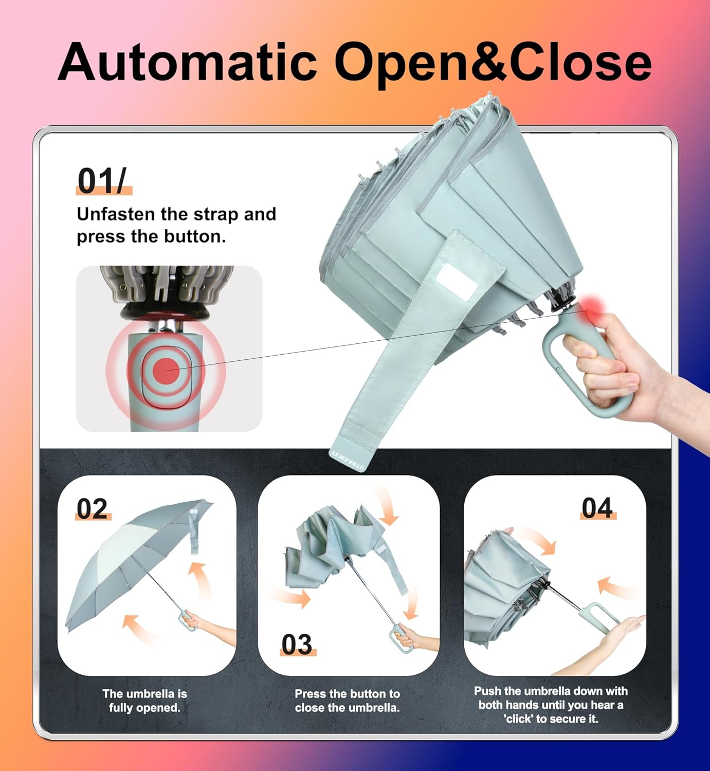 QWB TUMAAOTU Inverted Umbrella with Carabiner Handle, Wind Proof Umbrellas For Rain and Sun, 46 Inch Portable Reverse Folding UV Umbrella, Car Umbrella for Women Men, 10 Ribs