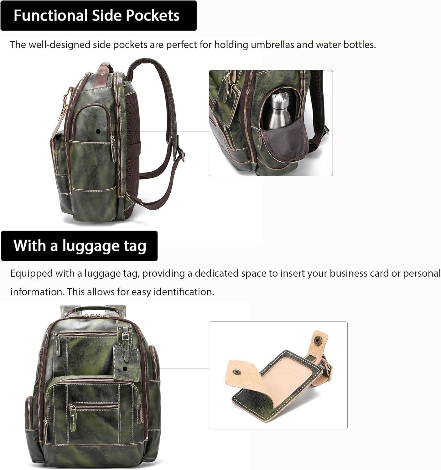 LANNSYNE Vegetable Tanned Leather Backpack for Men, 15.6" Laptop Backpack Camping Travel 24L Rucksack