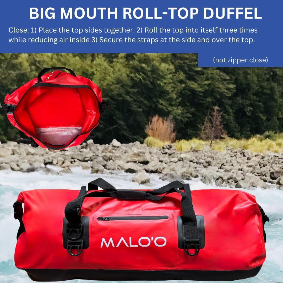 Malo’o Waterproof Dry Duffel, Heavy-Duty Roll Top Waterproof Gear Bag with Shoulder Strap & Molle Loops, Marine Duffel for Kayaking, Boating, Camping, Beach & Travel, Red, 100L
