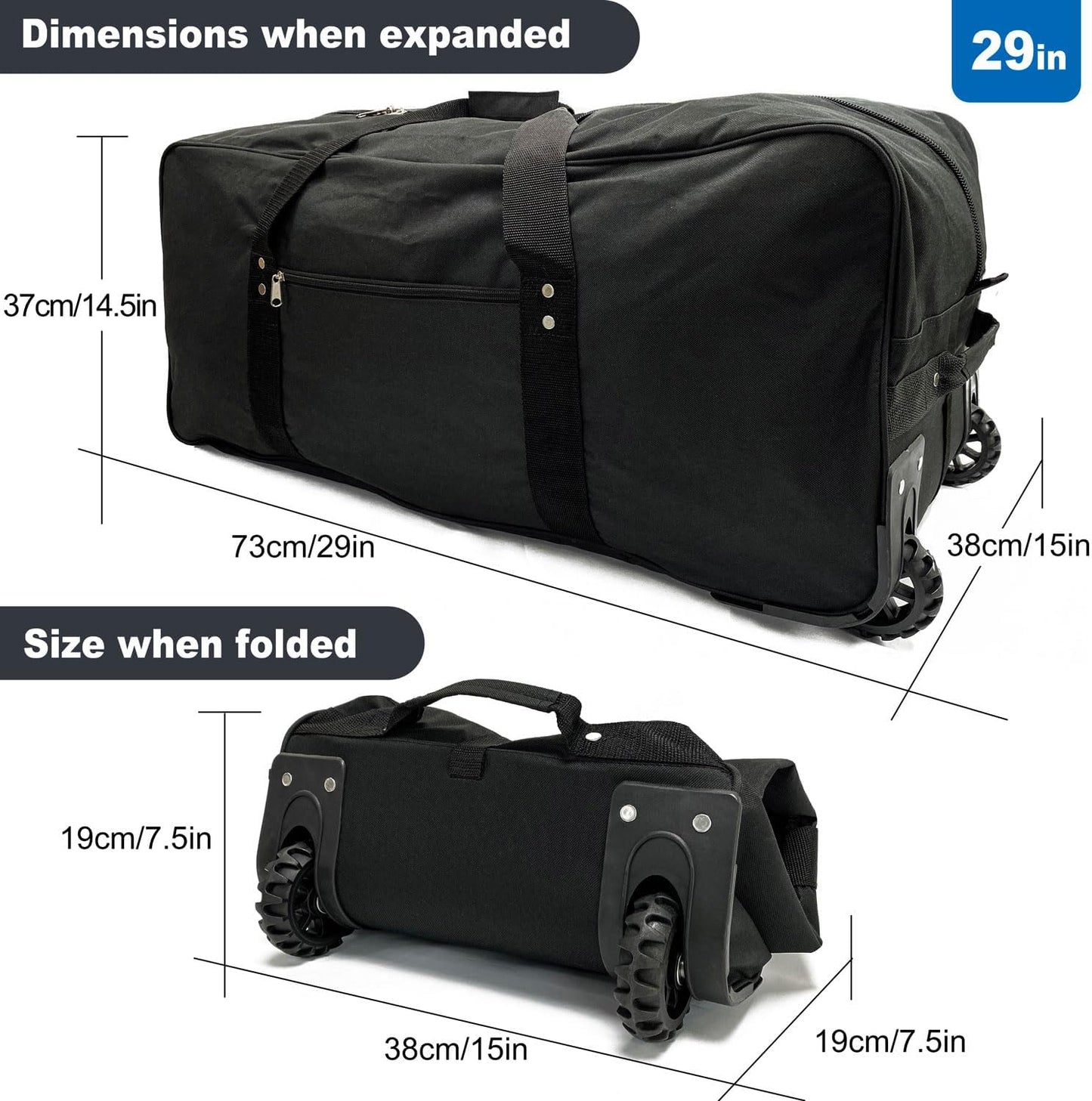 29-Inch Foldable duffle bag with Wheels - Extra Large Rolling Duffel Bag with Wheels, Foldable Heavy-Duty Cargo Duffel for Travel, Camping & Moving, Water-Resistant 600D Oxford, Black
