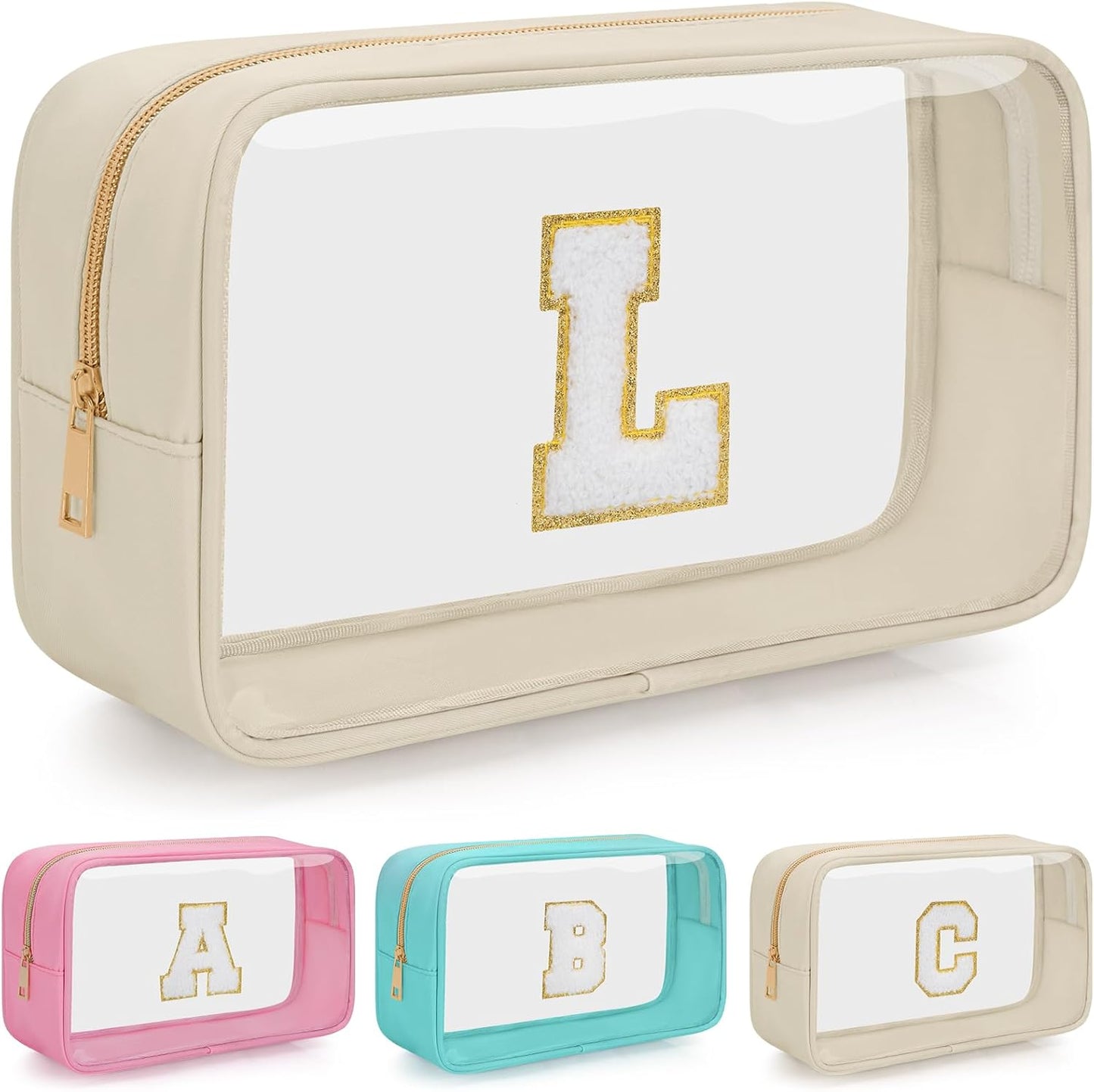 Personalized Initial Clear Makeup Bag, Travel Chenille Patch Cosmetic Bag, Preppy Toiletry Bag Monogram Cosmetic Pouch with Zipper, Ideal Gift for Teen Girls Women (Clear-Beige, L)