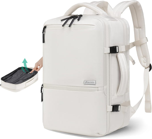 Dinictis Vacuum Seal Travel Backpack 60L Built-in Pump, Expandable Backpack with Vacuum Compression fits 17 inch Laptop, Waterproof Carry On Suitcase Luggage suit for Short Trip and Business-Beige