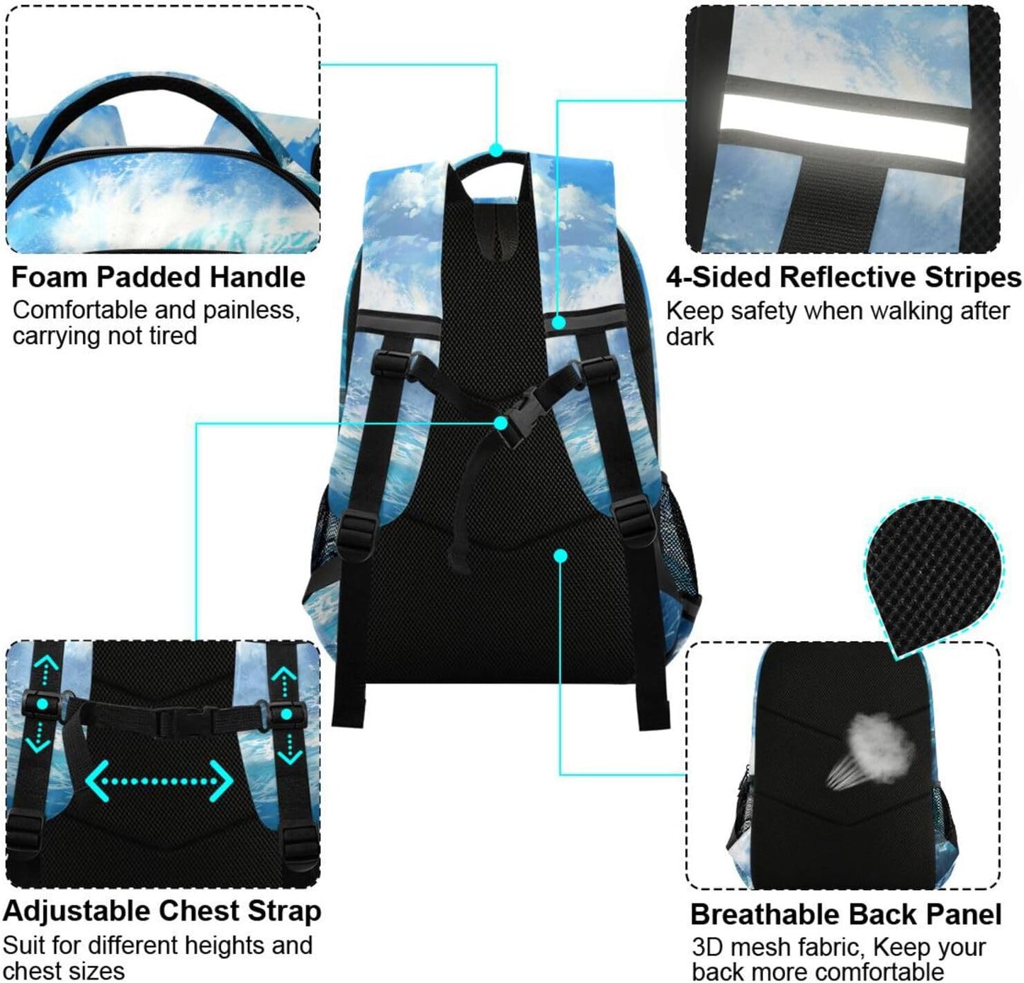 Shark Blue Ocean Wave Backpack for Boys Girls Elementary School Bag Kids Bookbag Travel Rucksack