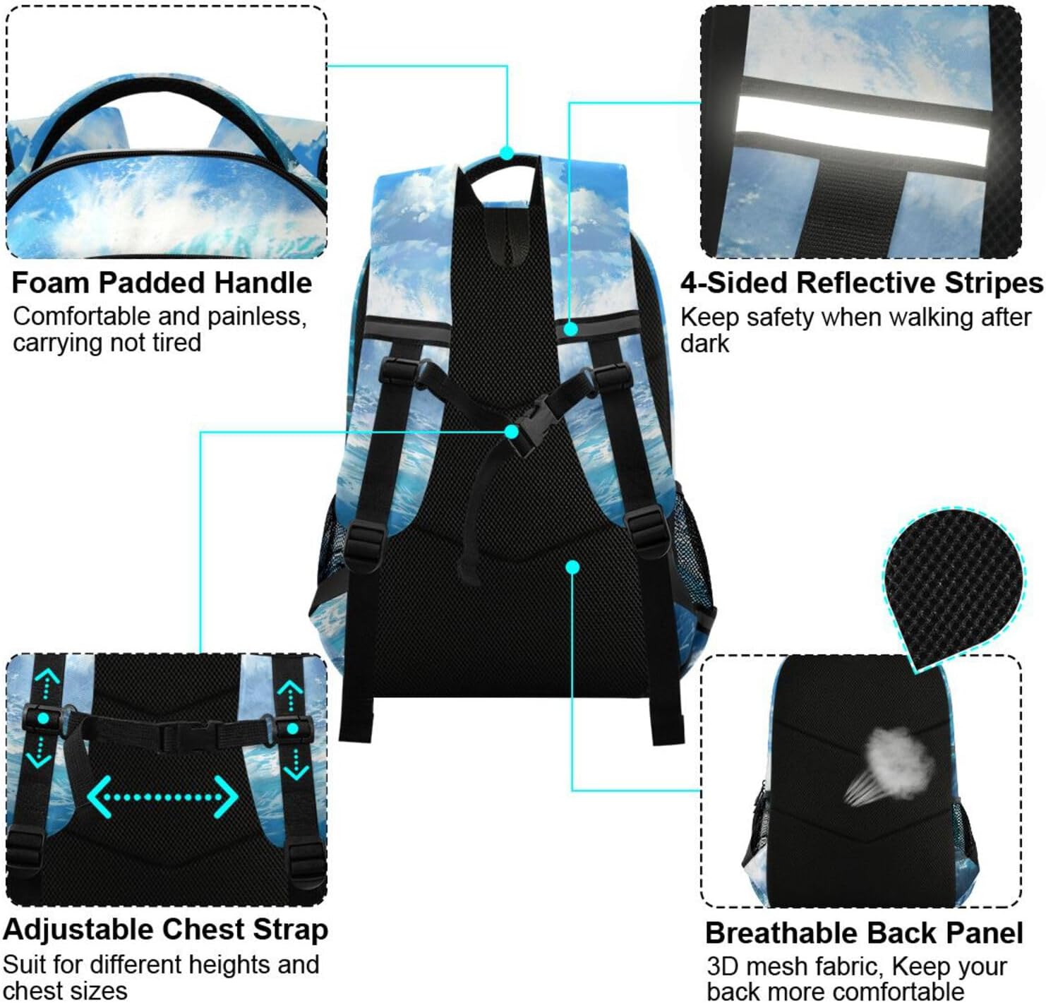 Shark Blue Ocean Wave Backpack for Boys Girls Elementary School Bag Kids Bookbag Travel Rucksack