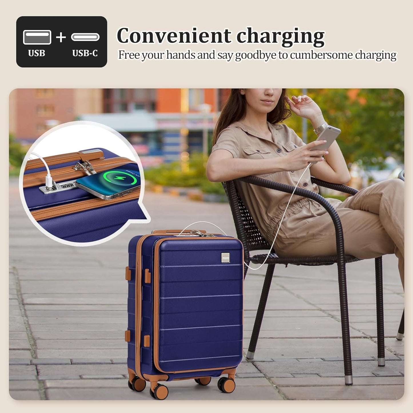 imiomo Carry on Luggage Airline Approved with TSA Lock, Hard Shell 20 Inch Travel Carry-on Suitcase with Spinner Wheels and Charging Port, Navy