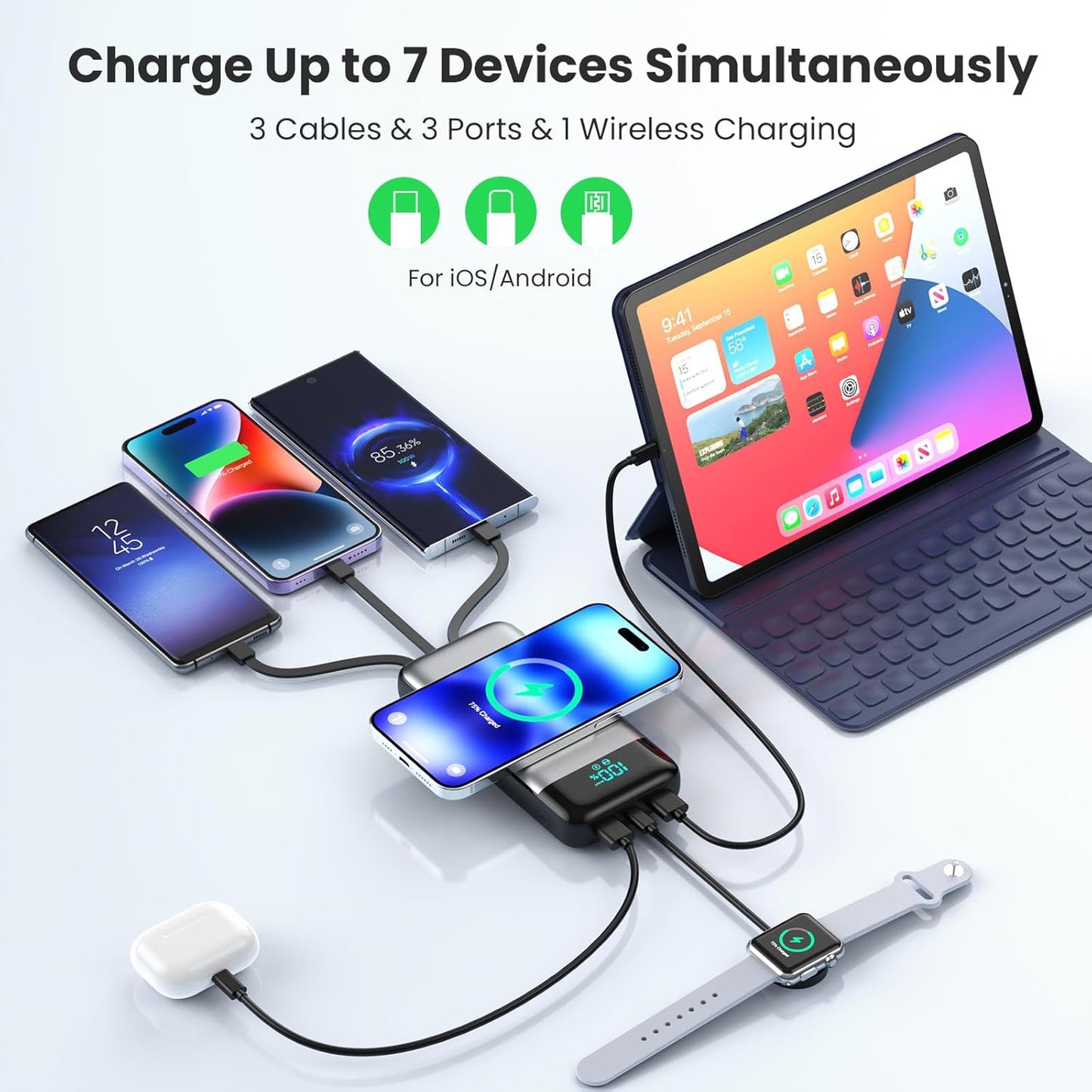 Wireless Portable Charger 40800mAh for iPhone with 3 Built-in Cables,7-in-1 15W Wireless Charging USB C Power Bank, 25W PD QC4.0 Fast Charging Travel Essential Battery Pack for iPhone 17/16/15,Android