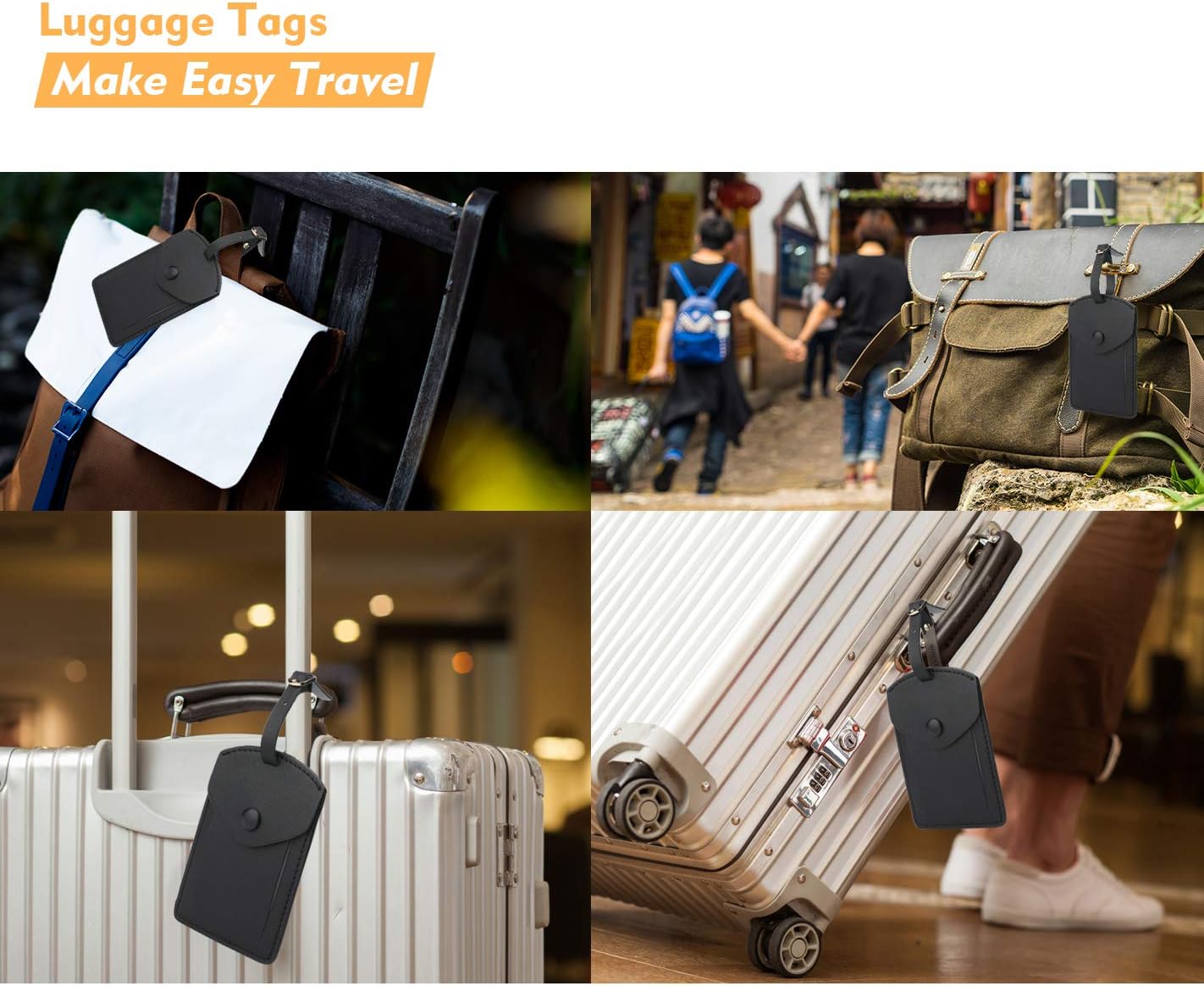 Kevancho Leather Luggage Tags for Men Women, Suitcase Labels Baggage Bag Tag ID Tags with Full Back Privacy Cover for Cruise Ships, Travel Accessories Tags Set of 4 PCS (Black)
