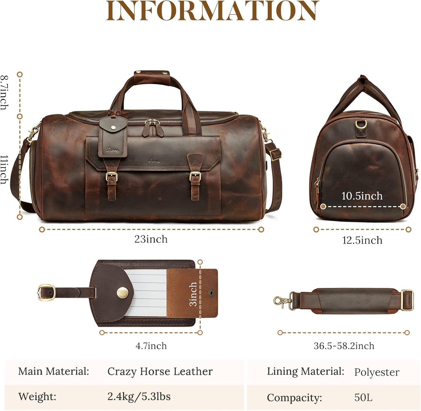 S-ZONE Genuine Leather Travel Duffle Bags for Men Women Carry On Garment Weekender Bags(Dark Brown)