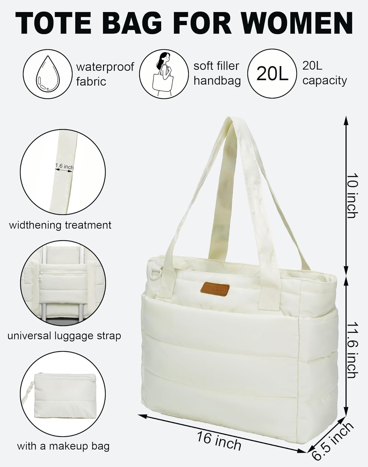 Tote Bag for Women, Quilted Puffer Work Bag for Nurse with 16" Laptop Pocket, Puffy Travel Shoulder Bag for School Gym