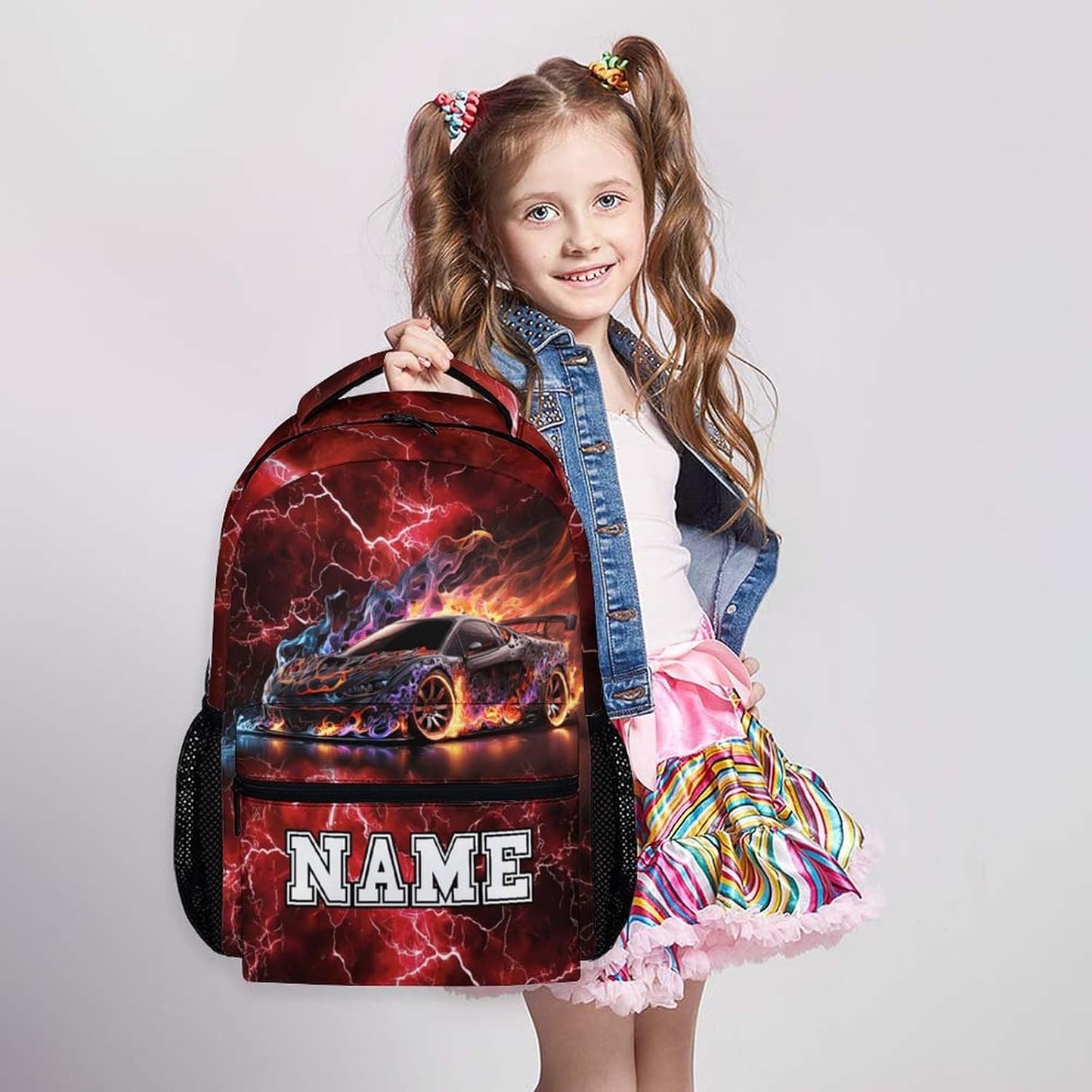 Kids Bookbag for Boys, Custom Race Car Backpacks, Colorful 17 Inch Casual Backpack, Durable Schoolbag for Middle School Travel Camping Vacation Hiking