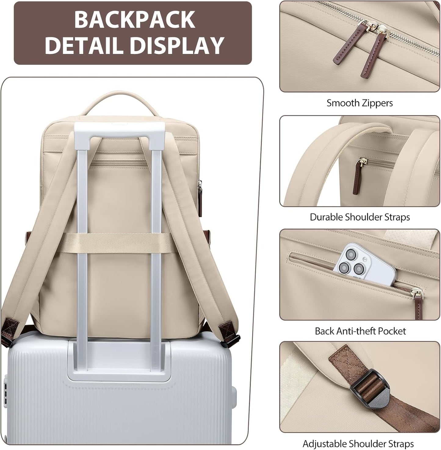 Laptop Backpack for Women, Work Business Traval Computer Backpacks with Laptop Compartment Waterproof Casual Daypack for Travel College,16Inch,Apricot