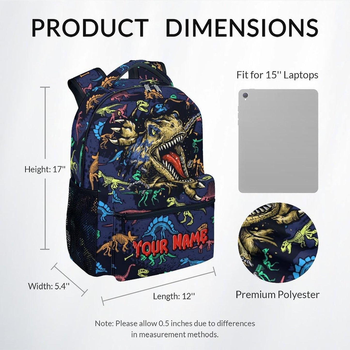 Boys Backpack - Personalized Cool Dinosaurs Bookbag for School, Travel - 17 Inch Custom School Bag for Kids