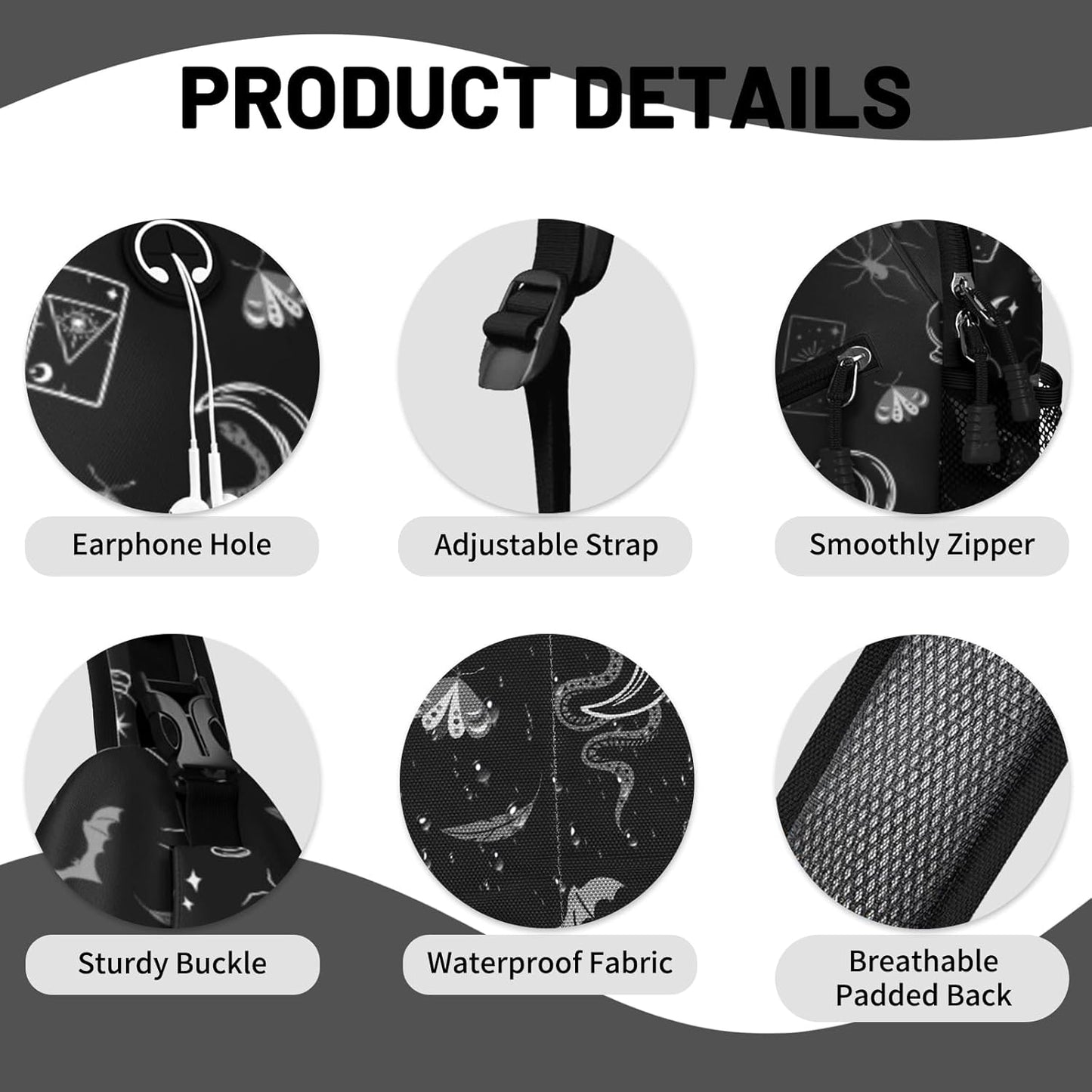 Black Gothic Sling Bag Crossbody Chest Bag for Women Men, Water Resistant Lightweight Casual Crossbody Bag with Adjustable Strap, Travel Hiking Daypack Shoulder Backpack