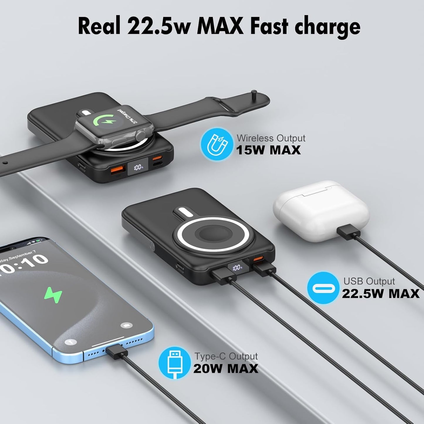 Wireless Portable Charger 10000mAh,3-in-1 Magnetic Power Bank with Built-in Cables LED Display,22.5W Fast Charging Mag-Safe Battery Pack for iPhone 15/14/13/12, Apple Watch Series, Airpods (Black)