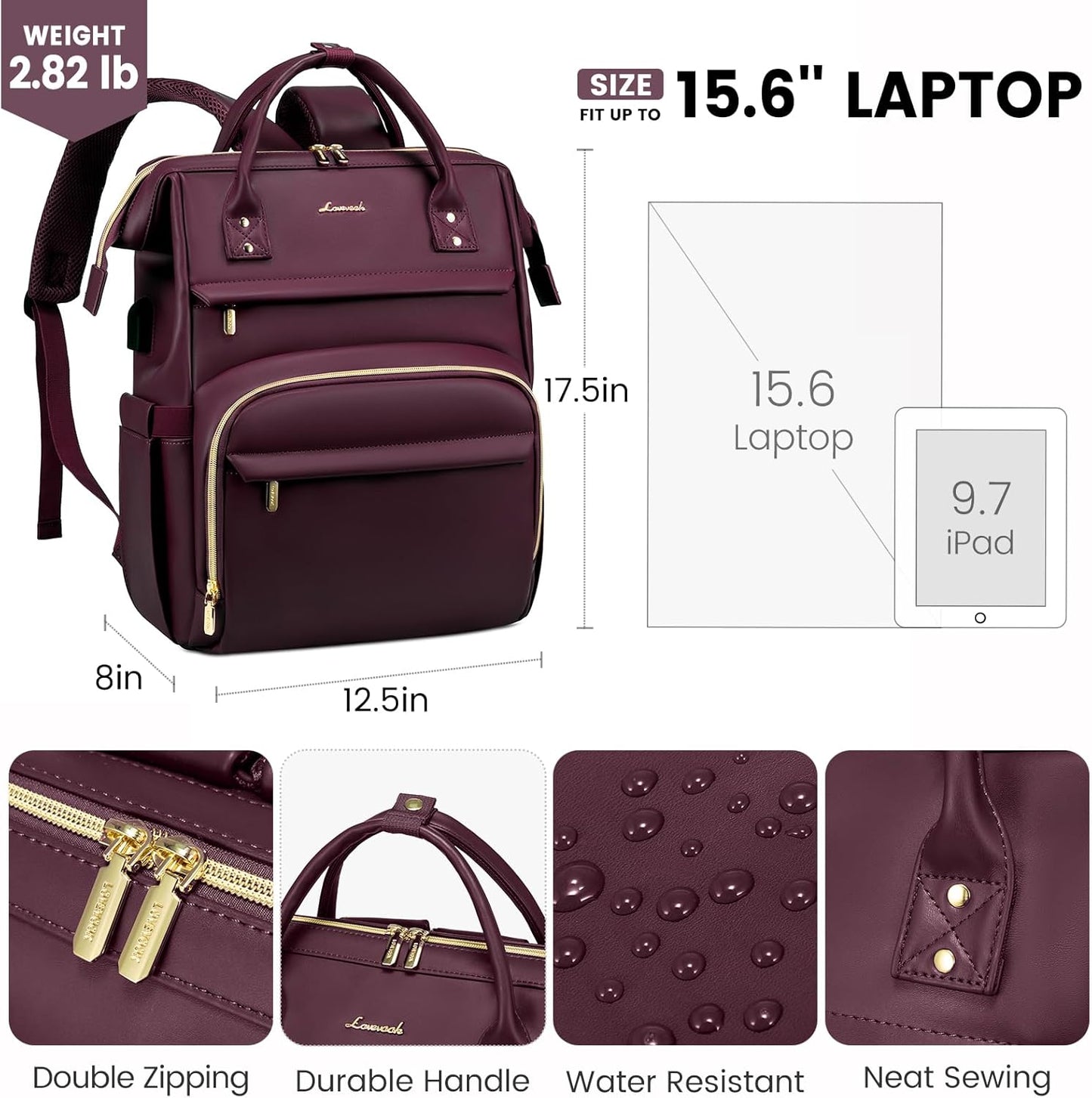 LOVEVOOK Leather Laptop Backpack for Women 17 Inch, Travel Purse for Nurse Teacher, Computer Bag, Professional College Business Work Carry-On With USB Port, Wine Red