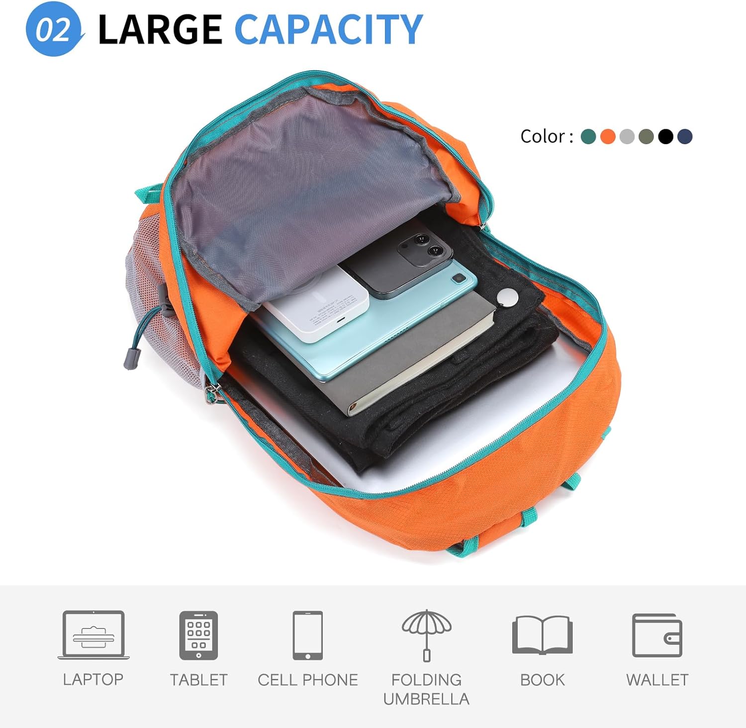 Hiking Daypack Packable, Camping Backpack Water Resistant Lightweight Polyester for Men Women