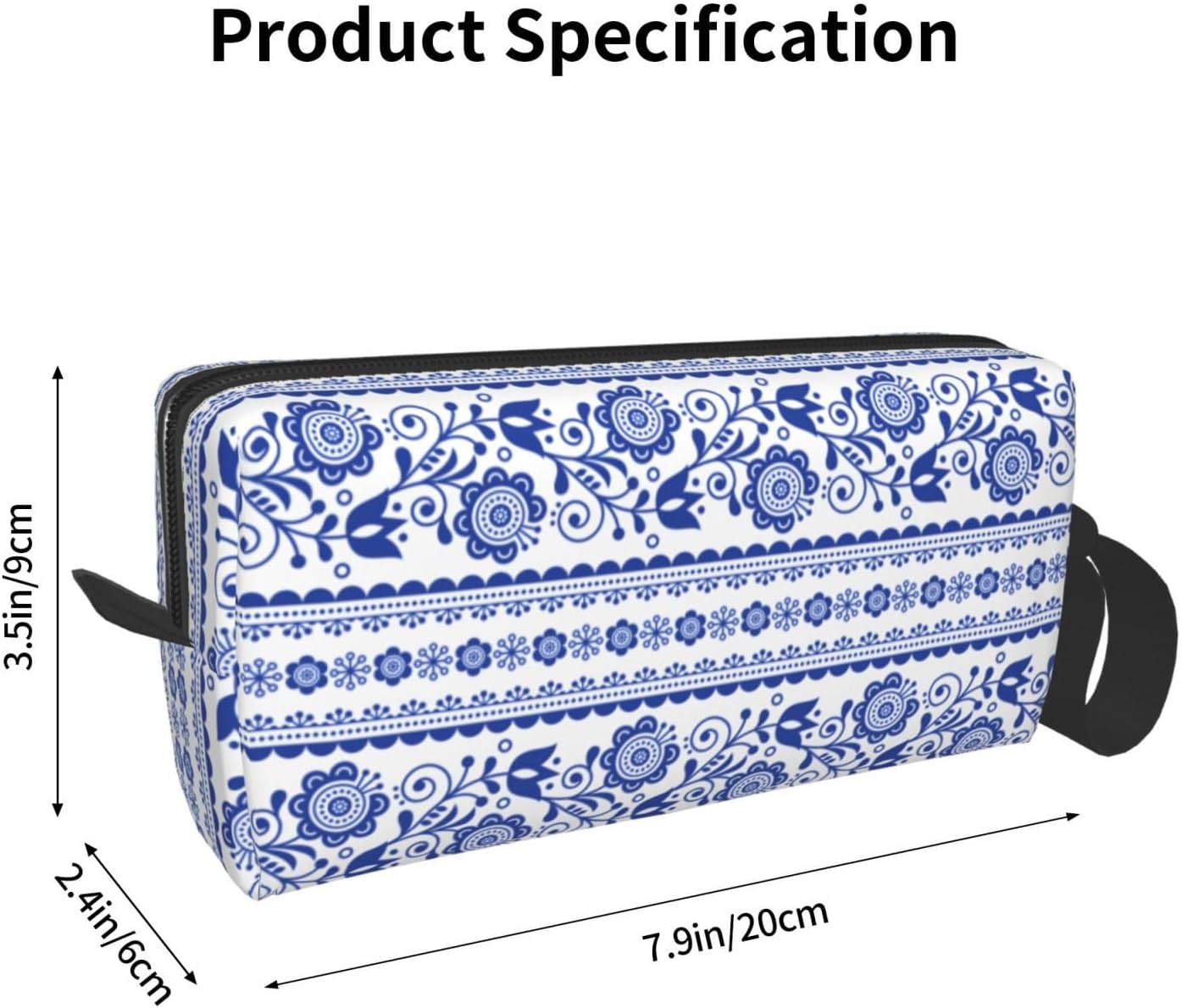 Folk Art Blue-White Floral Makeup Bag Small Compact & Durable Boho Travel Cosmetic Bag Organizer Oxford Fabric Multi-Purpose Storage Perfect for Travel, Gym, Daily Use