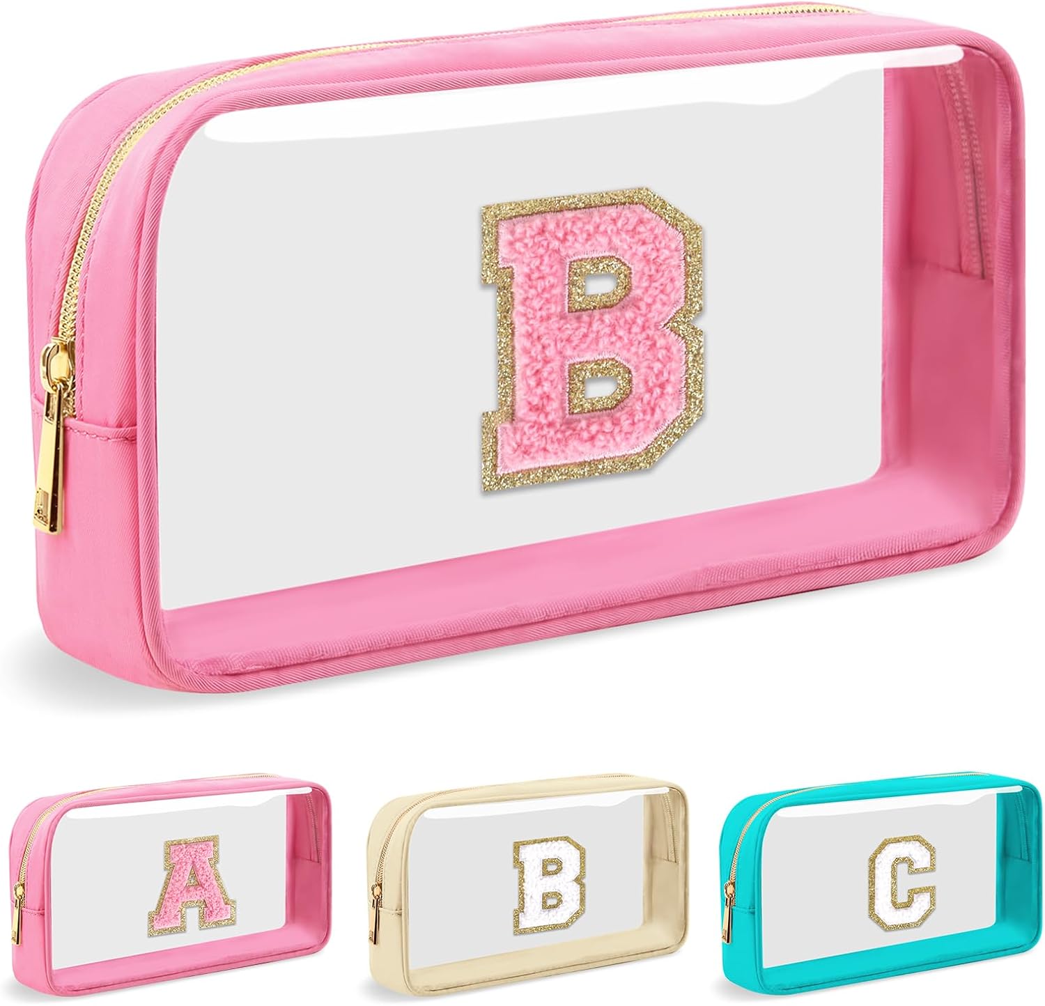 Personalized Initial Letter Clear Makeup Bag,Preppy Small Nylon&PVC Cosmetic Zipper Bag with