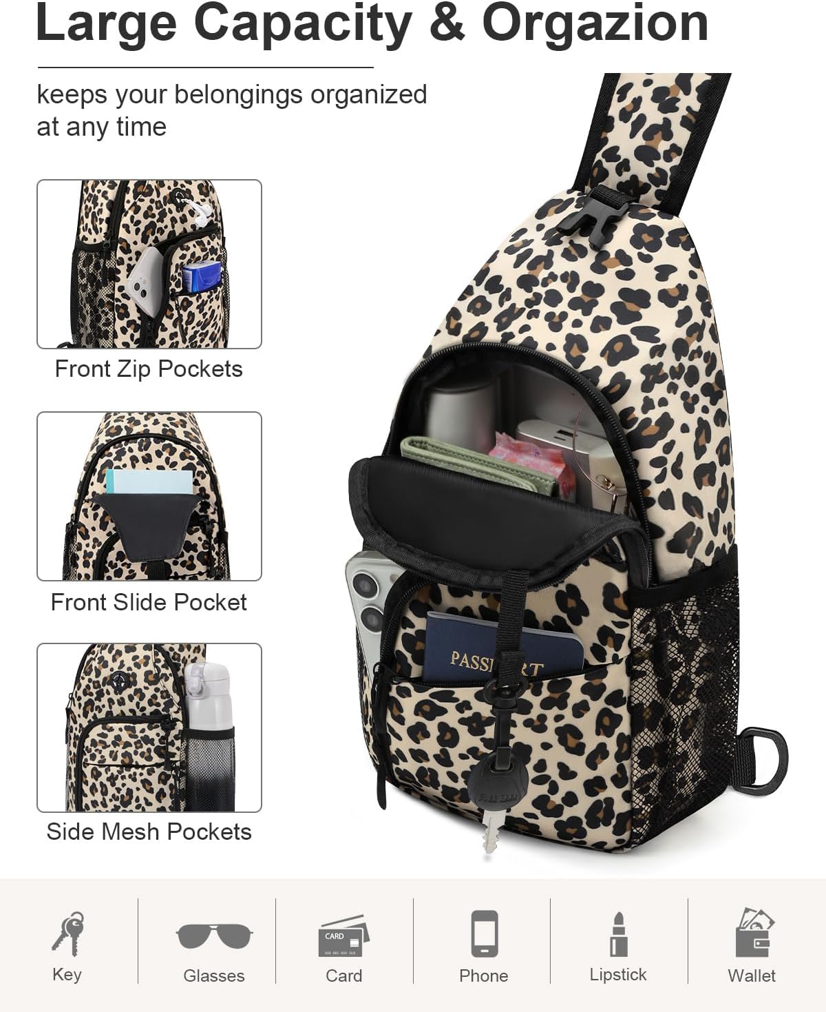 Large Leopard Waterproof Sling Bag Backpack with Adjustable Shoulder Strap for Women Men, Hiking Daypack with Multi-Pocket System and Comfortable Mesh Back Panel