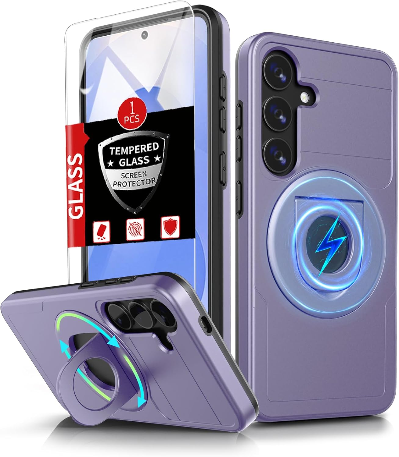 for Samsung Galaxy S25 Case Magnetic Compatible with MagSafe Wireless Charging,with Screen Protector,for S25Phone Case with Kickstand Ring Anti-Scratch Shockproof Heavy Duty Protection Purple