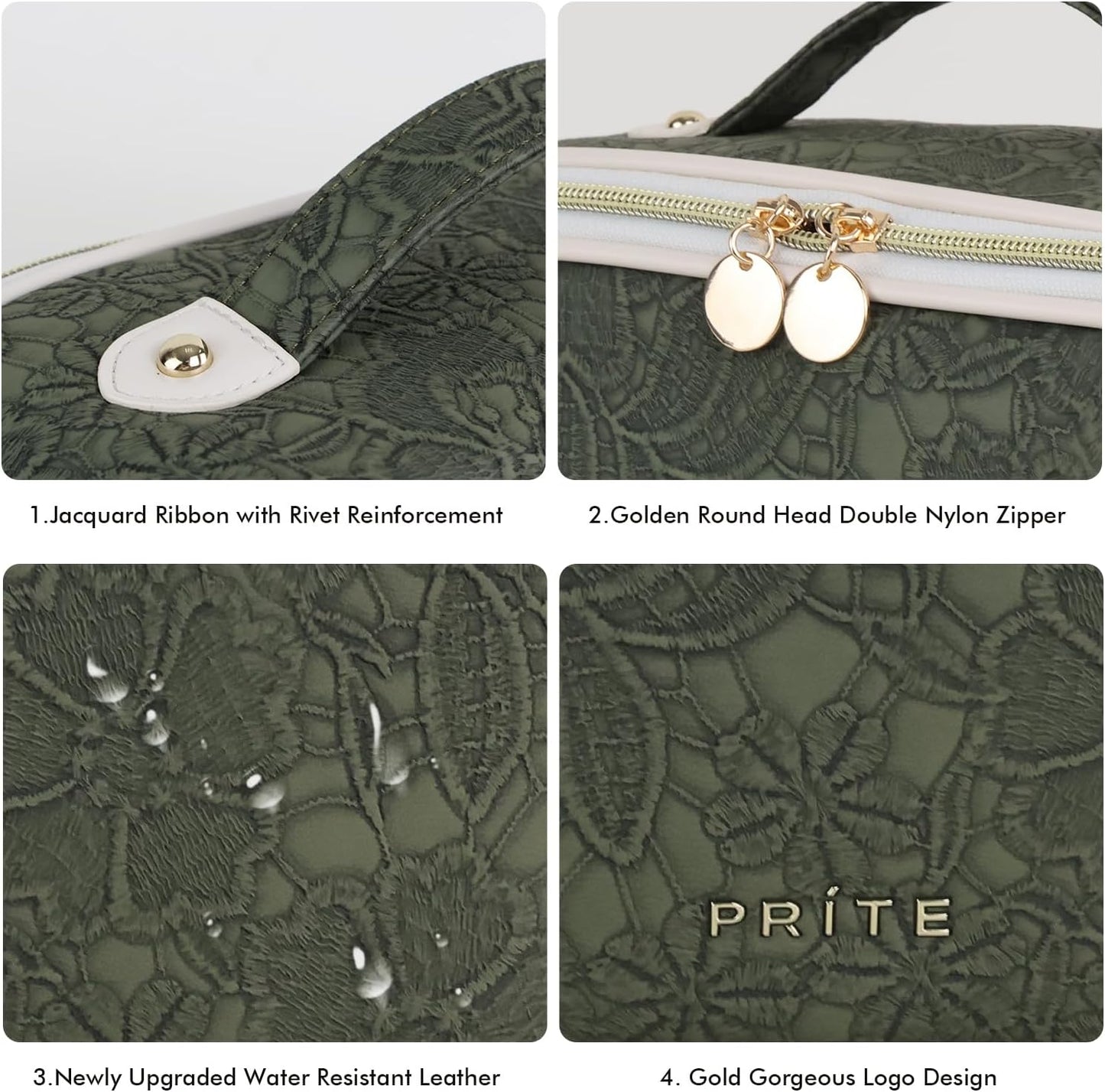 Prite Travel Cosmetic Bag Makeup Organizer Bag For Women Large Capacity Waterproof PU Leather Toiletry Bag with Handle and Clear Divider(Green Flower)