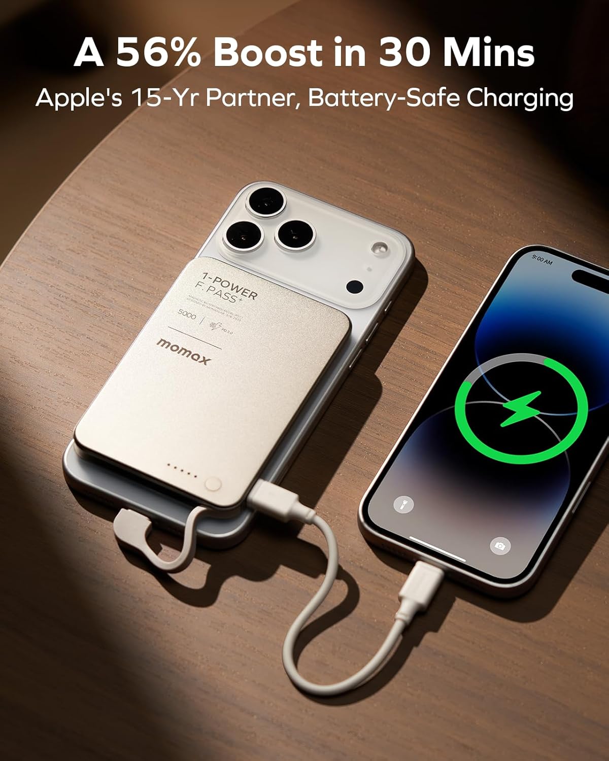 MOMAX Ultra-Slim 10000mAh Portable Power Bank with Built-in USB-C Cable, PD 30W Fast Charging Battery Pack for iPhone 17/16/15, iPhone air, Galaxy, Pixel (No Wireless,No Lighting)