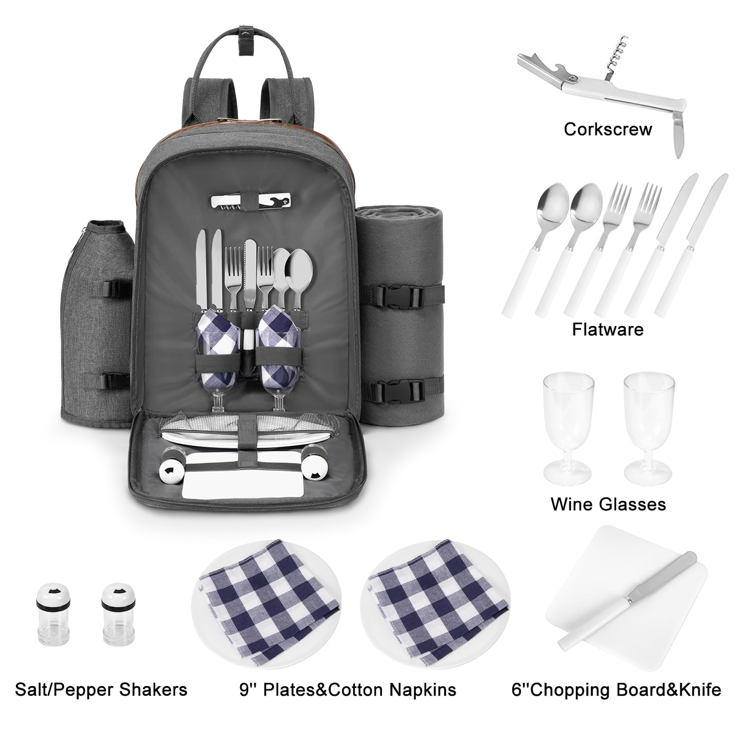 ALLCAMP Picnic Backpack, 2-Person Set with Blanket and Wine Holder, Gray