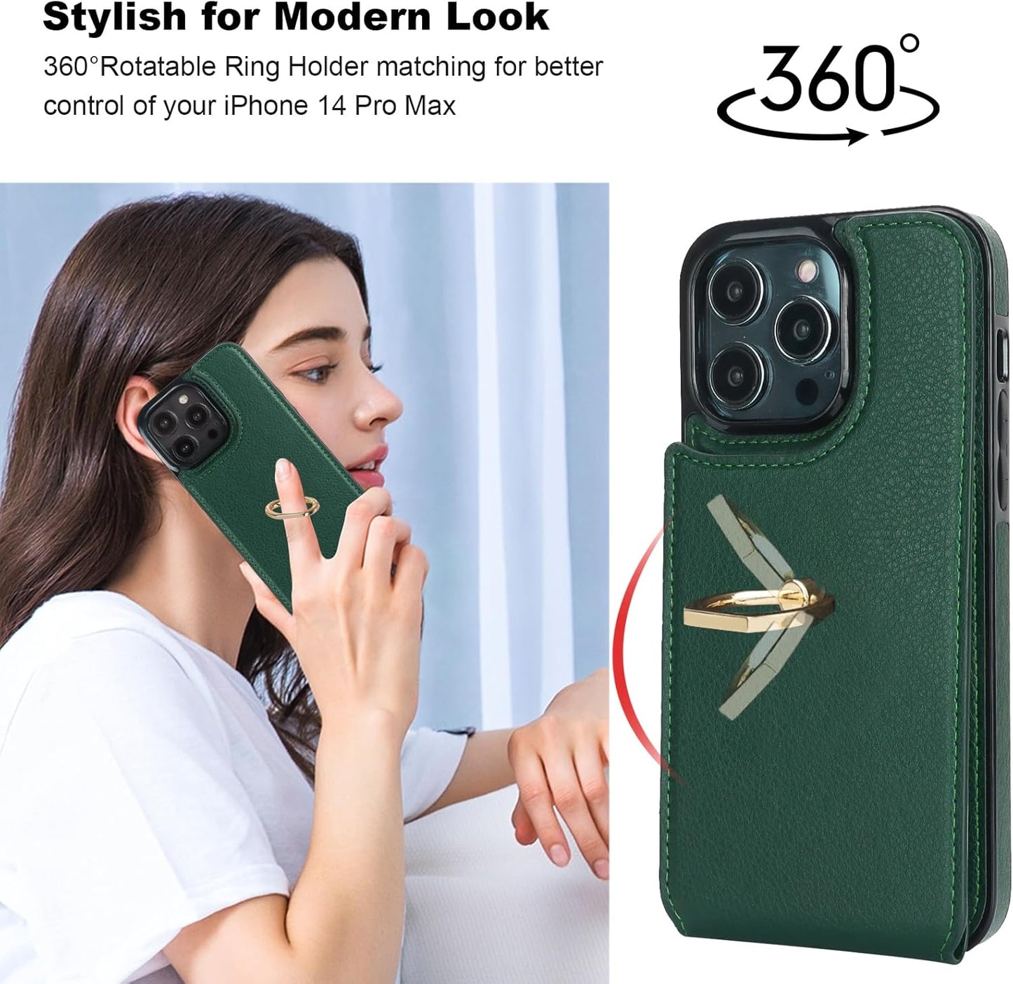 Folosu Compatible with iPhone 14 Pro Max Case Wallet with Card Holder, 360°Rotation Finger Ring Holder Kickstand, RFID Blocking Leather Protective Double Buttons Shockproof Cover 6.7 Inch Dark Green
