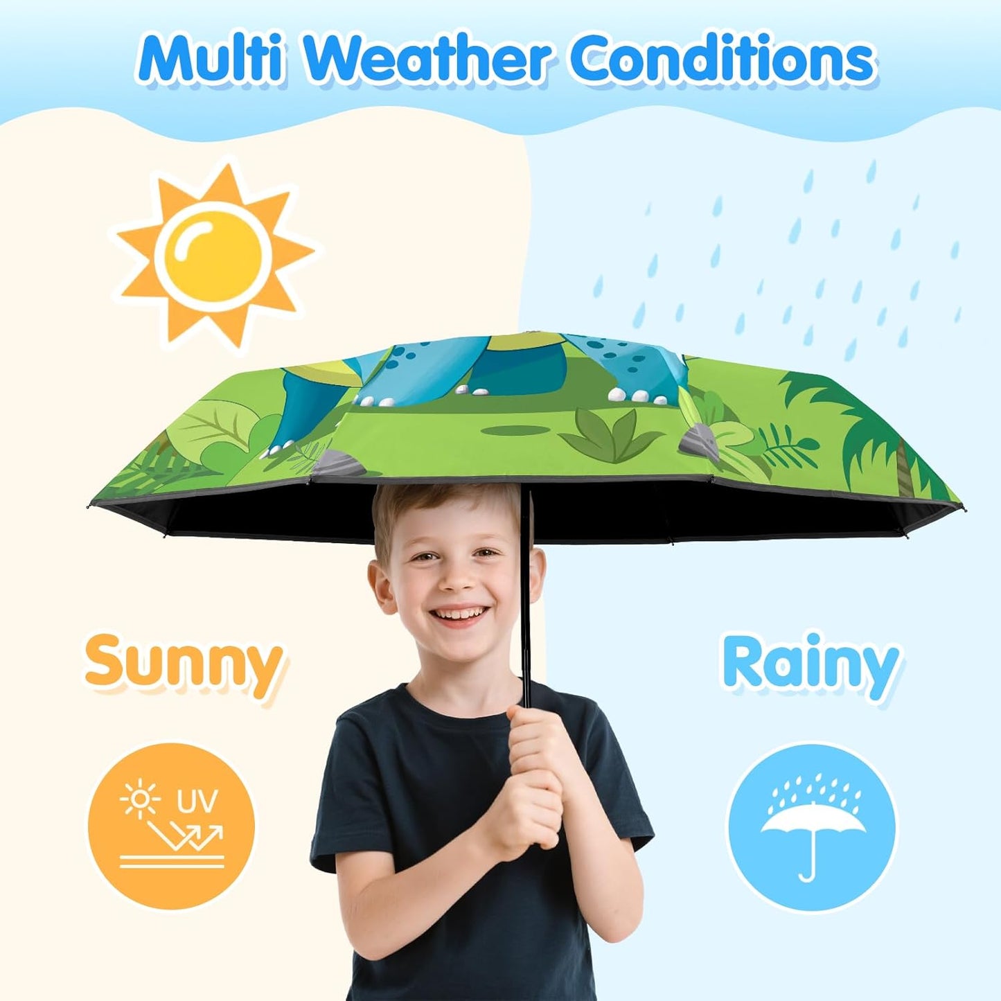 Kids Folding Umbrella Auto Open/Close Anti-rebound Safe Design UV Resistant Automatic Children Travel Umbrellas 8 Rib Reinforced Canopy 360° Reflective Strip Lightweight Cute Umbrella for Girls & Boys