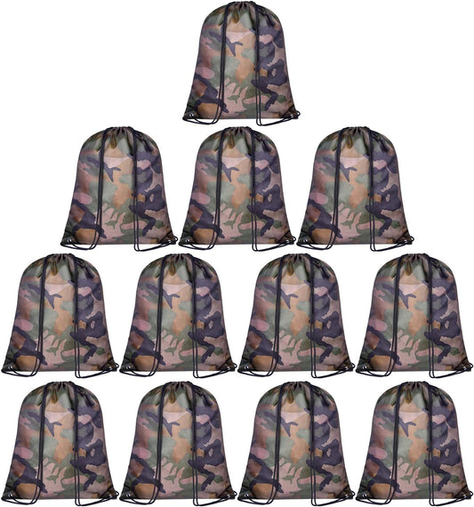 KUUQA 12 Pack Camouflage Drawstring Backpack Bulk String Backpack Cinch Kids Sport Bags Storage Bags for Gym Traveling (Camouflage)