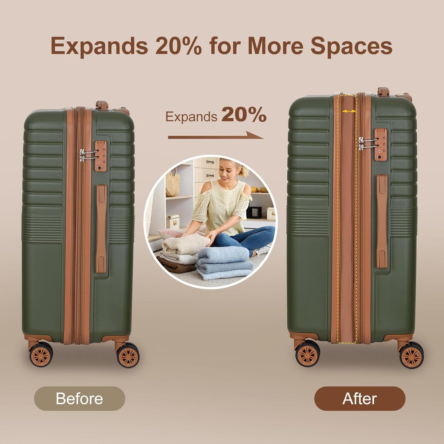 Romswi Luggage Sets 2 Piece, Expandable Carry On Luggage 20In with Travel Backpack, PC+ABS Hardside Suitcase Set with TSA Lock, Durable Carry On Suitcase with Spinner Wheels Green