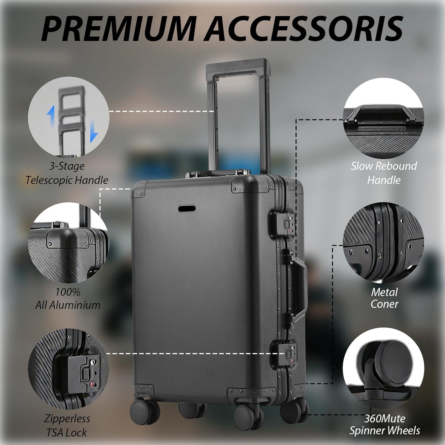 Tmore Aluminum Frame Luggage with No Need to Check in, Hardside Suitcase with Spinner Wheels, Metal Travel Luggage with Double Tsa Locks, 20 Inch, Black Small