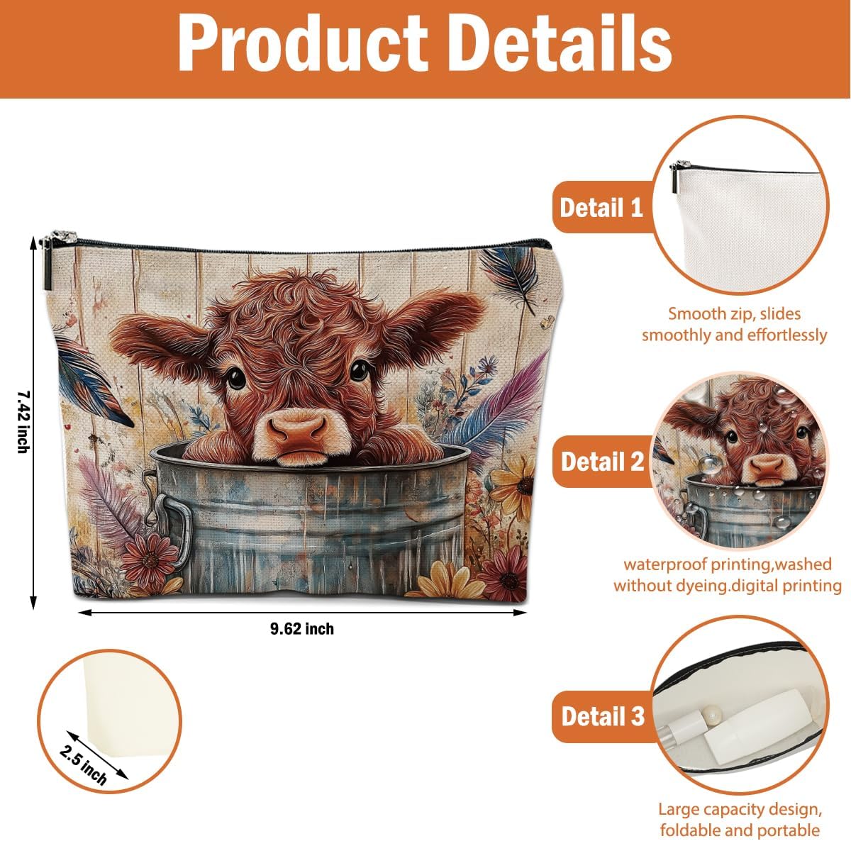 4 PCs Highland Cow Makeup Bag Cow Print Stuff Highland Cow Gifts Cosmetic Bag, Western Gifts for Women Scottish Girls Best Friends Coworkers, Cute Cow Stuff Christmas birthday Gifts Zipper Pouch