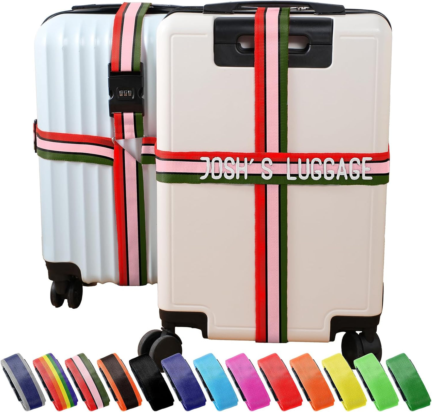 Personalized Luggage Straps with Embroidered Names/Letters - Premium Quality, Anti-Slip & Adjustable - 13 Colors, Stainless Steel 3-Digit Lock, Fits All Suitcases