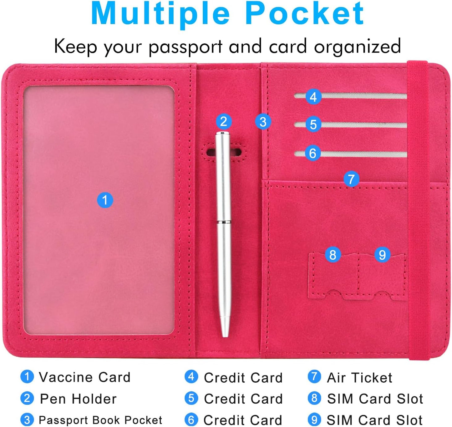 ACdream RFID BLOCKING Passport Holder Travel Wallet - Premium PU Leather Cover Passport book with Card Holder, Pen Slot, Keep Organization, and Travel Essentials for Women and Men,Hot Pink