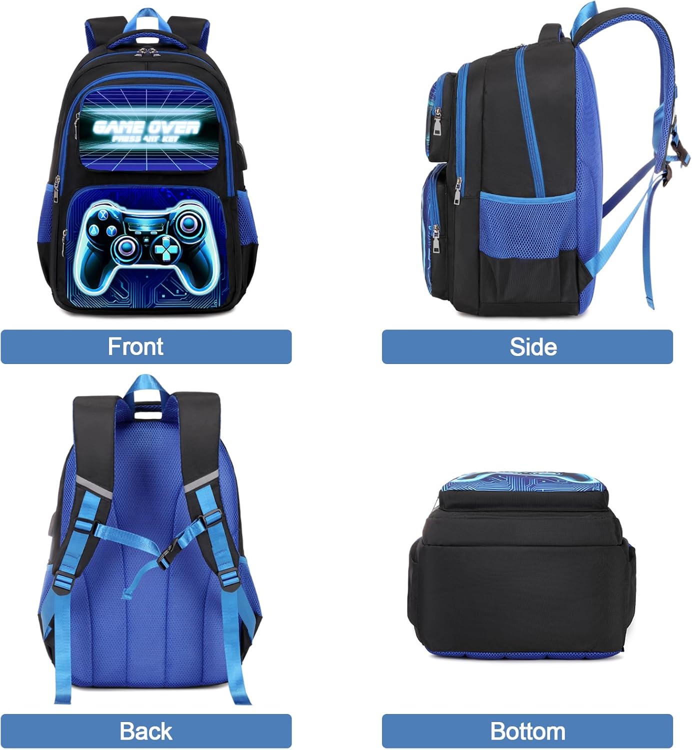 Bevalsa Backpack for Boys, School Bags for Kids, Bookbag for Boys Girls Children Teens Backpacks for Elementary Middle High school Student, Bookbag and Lunch Bag Set with USB Charging Port (Blue)