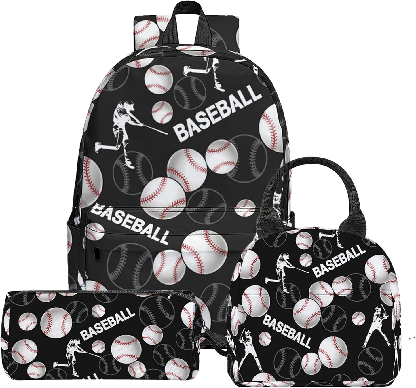 3PCS Baseball Backpack Set for Boys, Large Lightweight 17 Inch Backpack with Lunch Bag & Pencil Case for Kids, Back to School Cool Sports Bookbag for Elementary Middle School - Black