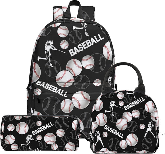 3PCS Baseball Backpack Set for Boys, Large Lightweight 17 Inch Backpack with Lunch Bag & Pencil Case for Kids, Back to School Cool Sports Bookbag for Elementary Middle School - Black