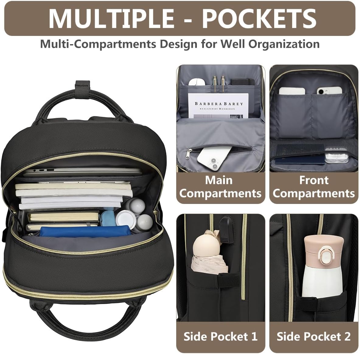 Laptop Backpack for Women Work Bag - 15.6 inch Black Travel Backpack College Backpack with USB