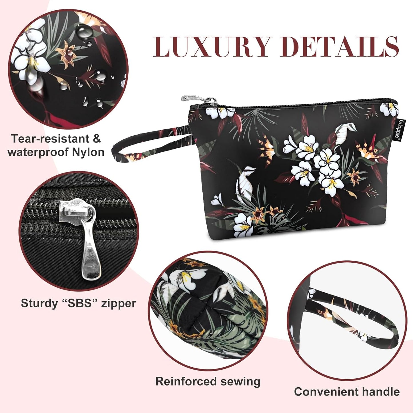Gloppie Small Makeup Bag Summer Sunscreen Bag Cosmetic Bag for Purse Travel Make up Bags for Women Zipper Makeup Pouch White Flower