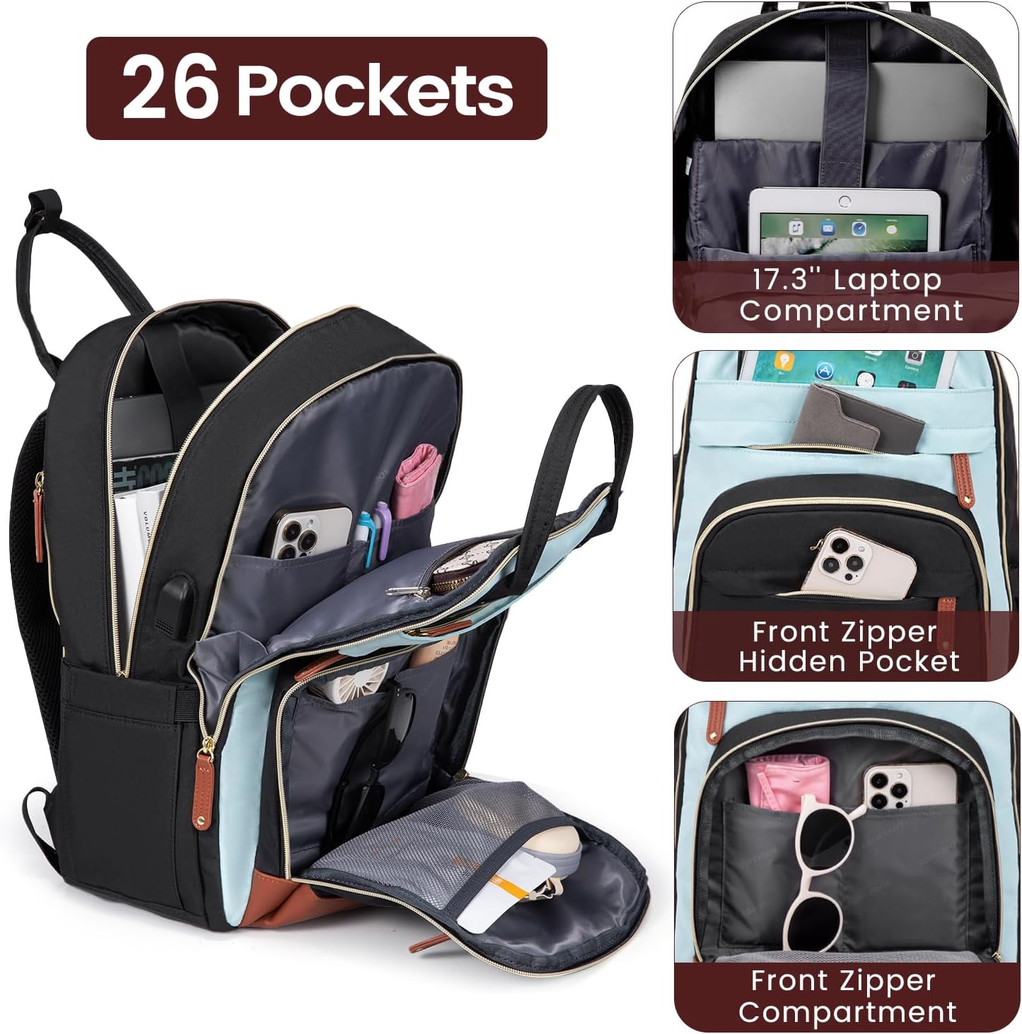 LOVEVOOK Backpack for Women,Laptop Backpack Women,Fits 17 Inch Laptop Bag,School Backpacks,Fashion Travel Work Anti-theft Bag,Waterproof Business Computer College Backpack Purse,Black-Light Blue