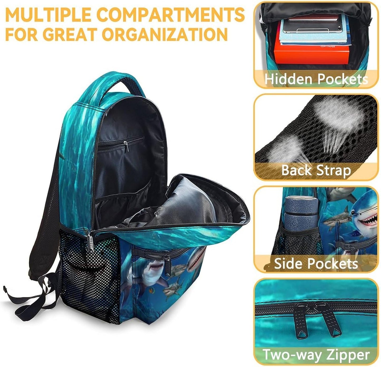 Shark Backpacks for Boys, Large Capacity Backpack for School, Cute Blue Lightweight Bookbag for Kids