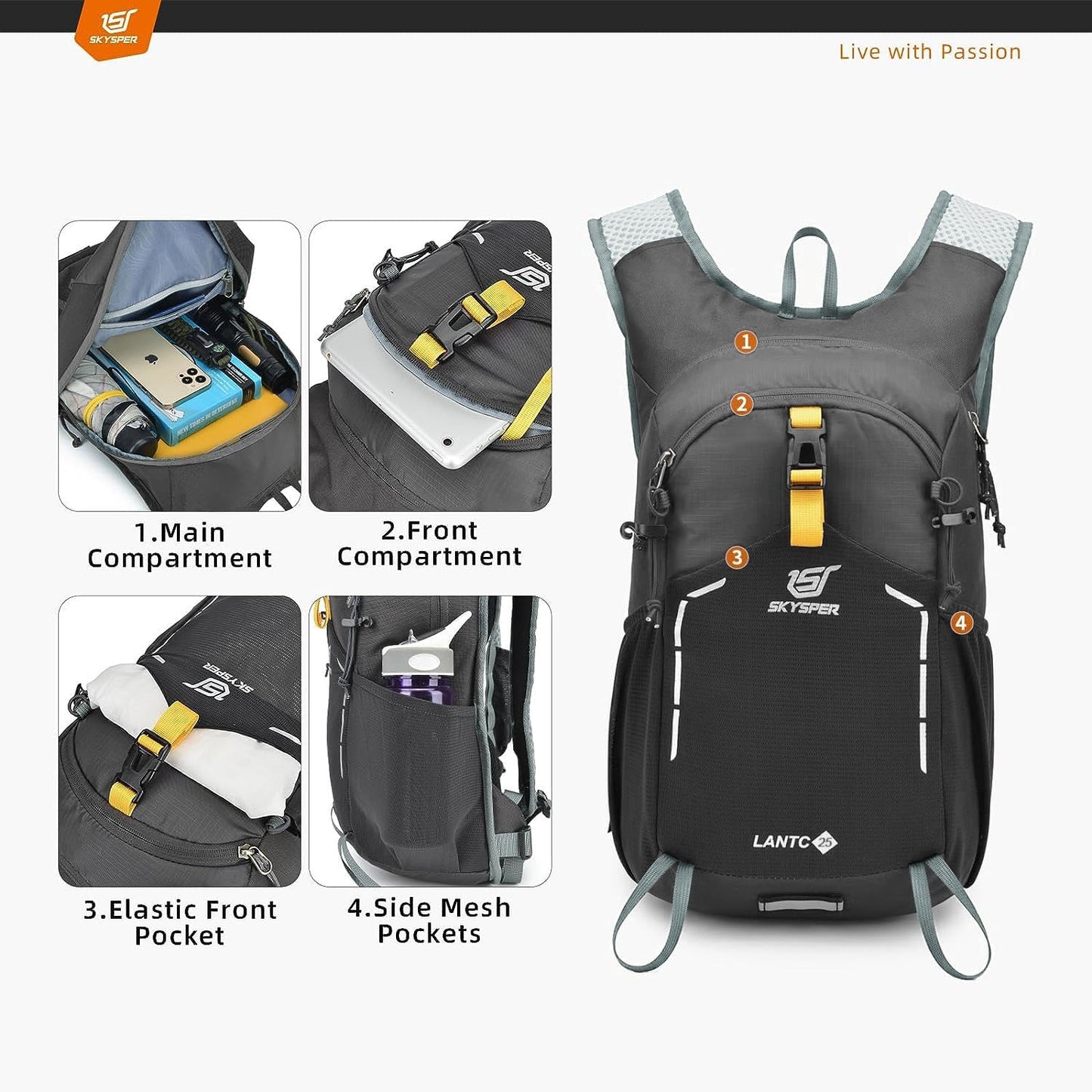 SKYSPER Small Hiking Backpack - 25L Travel Daypack Lightweight Bag Water Resistant Hiking Backpacks for Women Men