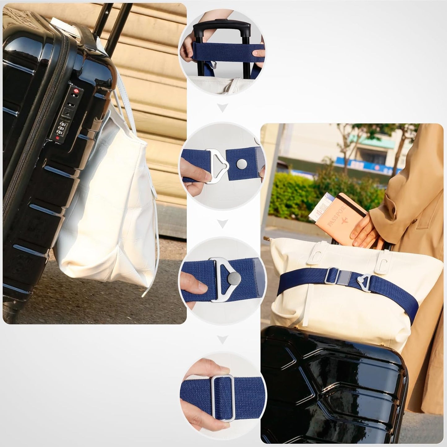 TOOVREN 2-in-1 Travel Belt for Luggage Straps Add a Bag Bungees Suitcase Luggage Strap Over Handle Suitcases Belt for Carry On Bag Adjustable Backpack Attachment Airport Travel Accessories Blue