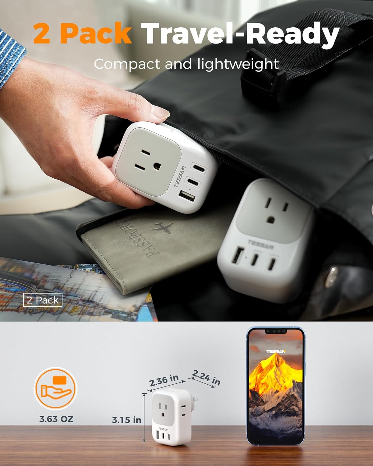 Australia Plug Adapter 2 Pack, TESSAN New Zealand Power Adapter with 4 Outlets 3 USB (2 USB-C), Type I Travel Adaptor for US to Australian Argentina China Fiji Samoa Tonga Kiribati