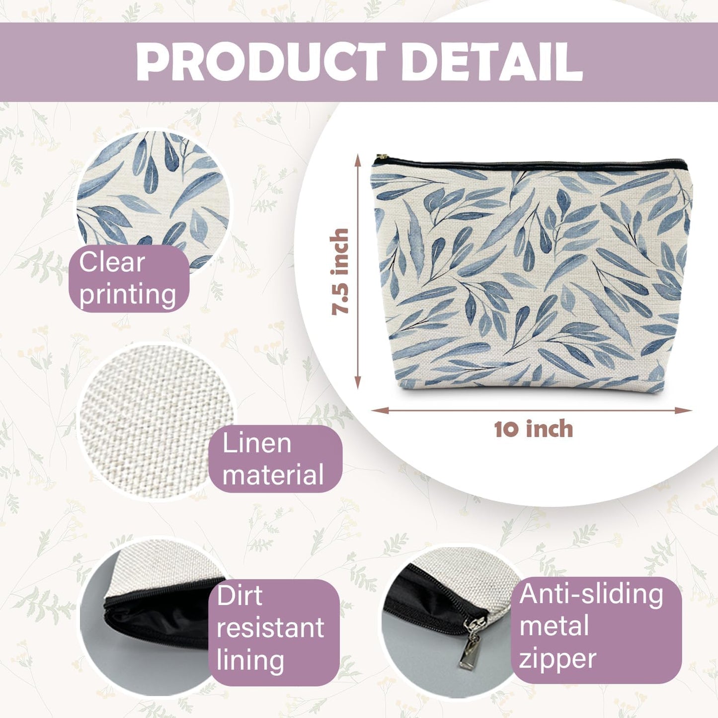 Blue Floral Makeup Bag Pouch, Blue and White Chinoiserie Makeup Pouch, Floral Cosmetic Bag, Boho Botanical Leaves Cosmetic Bag for Women