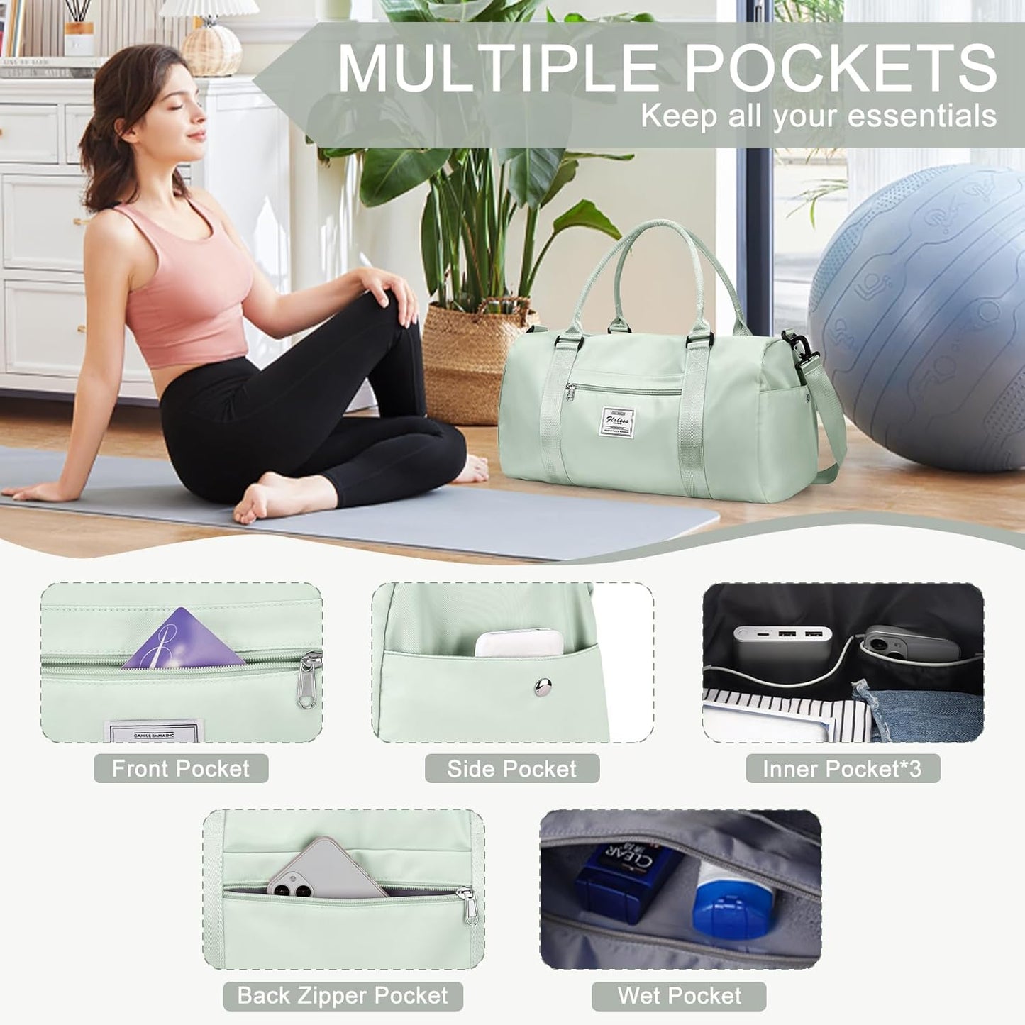 Gym Bag for Women Men with Shoes Compartment,Sports Duffle Bag Personal item travel Duffel Bags Tote Bag Small Carry on Weekender Overnight Bag Workout Dance Bag Hospital Holdalls Mint Green