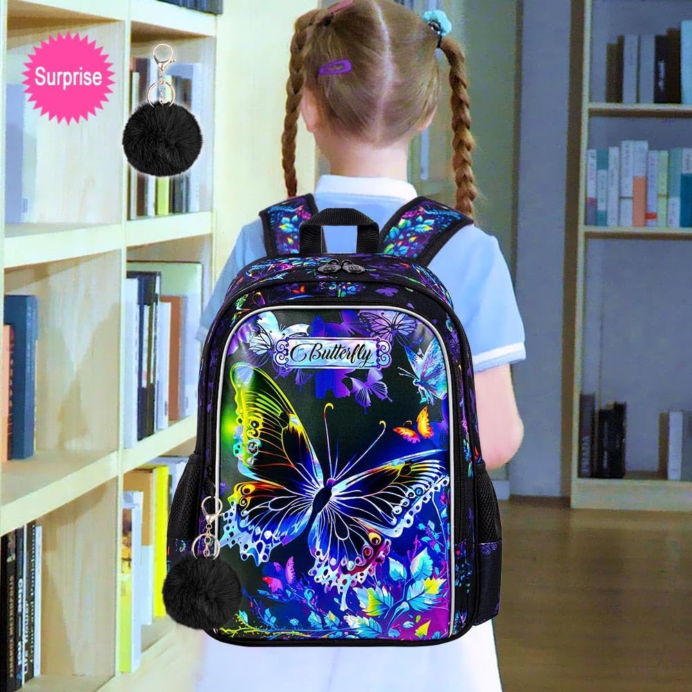 16" Butterfly Backpack for Girls, 3Pcs School Bookbag with Lunch Box, Kids Backpacks Set for