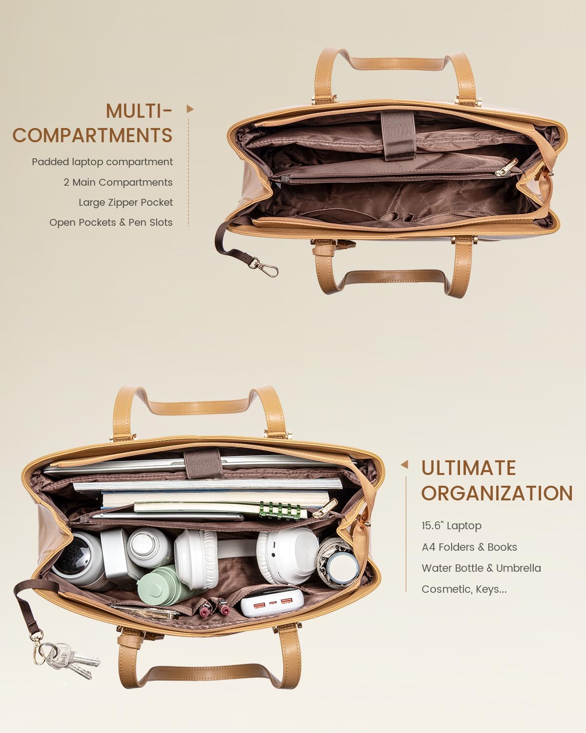 LOVEVOOK Work Laptop Tote Bag for Women, Leather Laptop Bag Teacher Tote Bag, Professional Computer Bag Large Purses Handbag, Beige, Fits 15.6 Inch Laptop